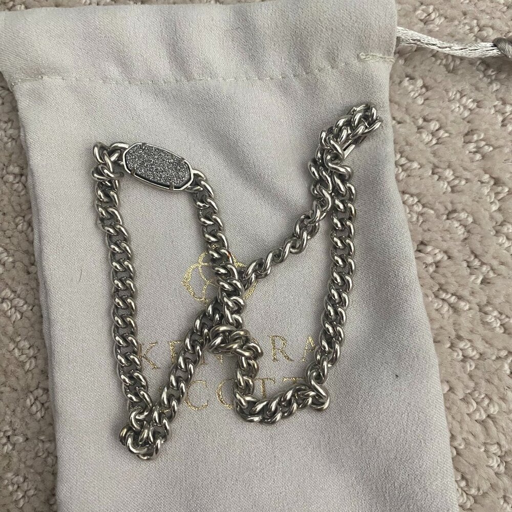 Kendra Scott Elaina Platinum Druzy Stone Chain Link Necklace Rhodium Plated